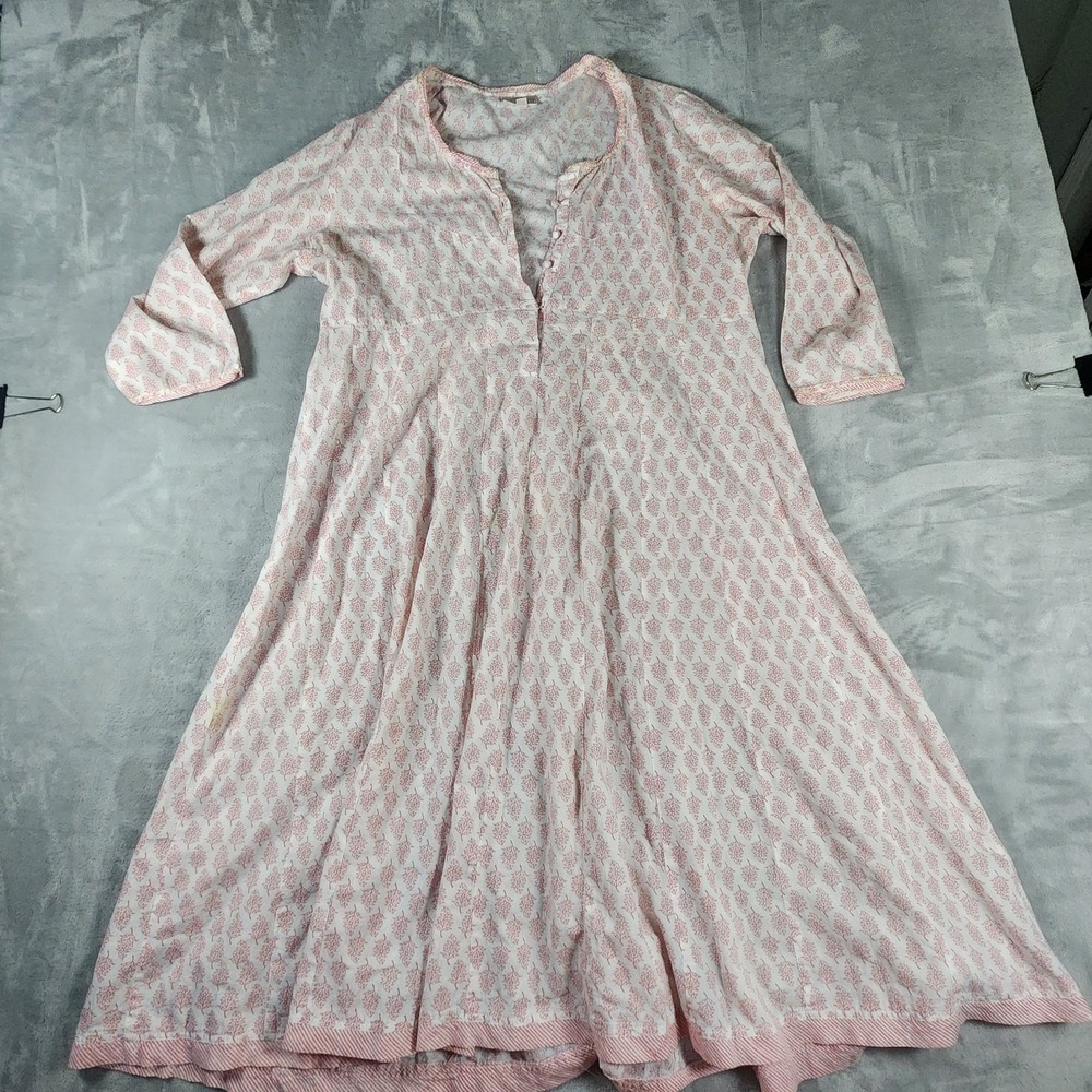 Anokhi India Pink White Floral Block Print Tunic Dress L Womens Boho Midi Dress